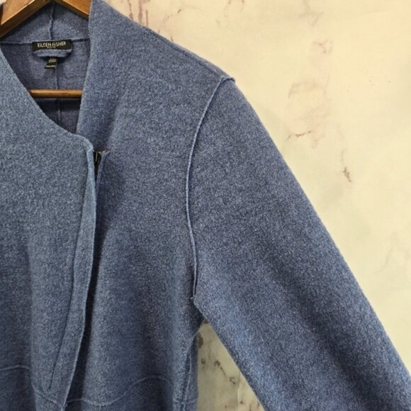 Eileen Fisher Jacket Womens Medium Petite Blue Wool Boiled Felted Zip Coat Mock - Picture 13 of 14